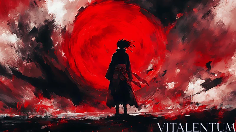 Lone warrior gazes into a blazing crimson storm sky