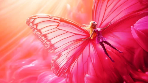 Fairy-like doll with pink butterfly wings flying in light