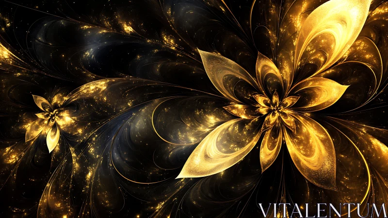 Golden fractal floral forms on dark abstract background.