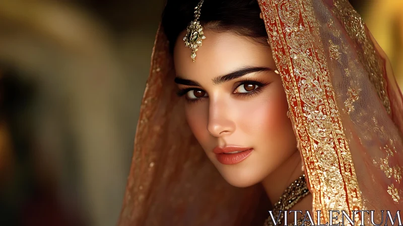 Bride gazes forward under ornate embroidered veil
