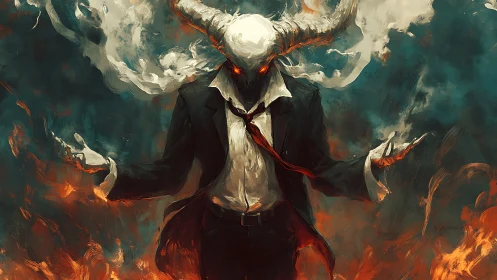 Demonic horned figure in suit stands amid swirling flames