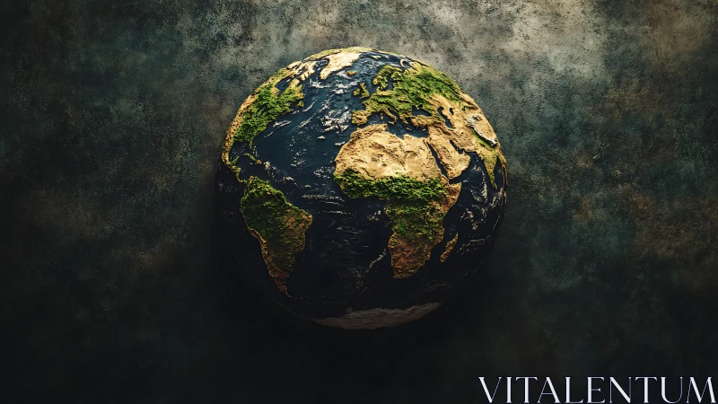 Our textured Earth floats gently against a moody sky backdrop