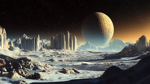 Frozen alien valley beneath a colossal cratered moon.