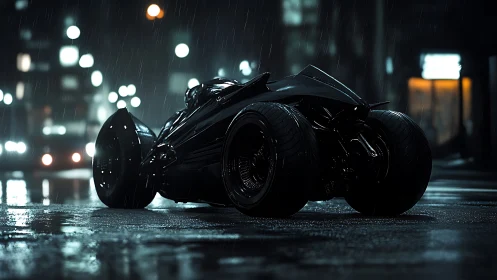 Stealth black futuristic trike waits on wet neon city street