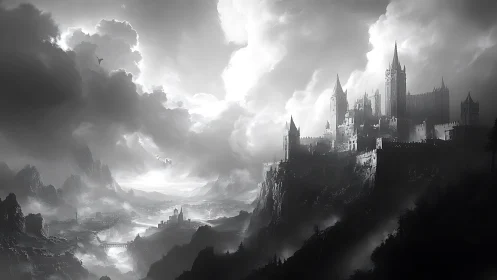 Stormlit gothic fortress dominates misty mountain valley
