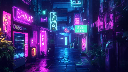 Neon lit urban alleyway with rain and vending machines.