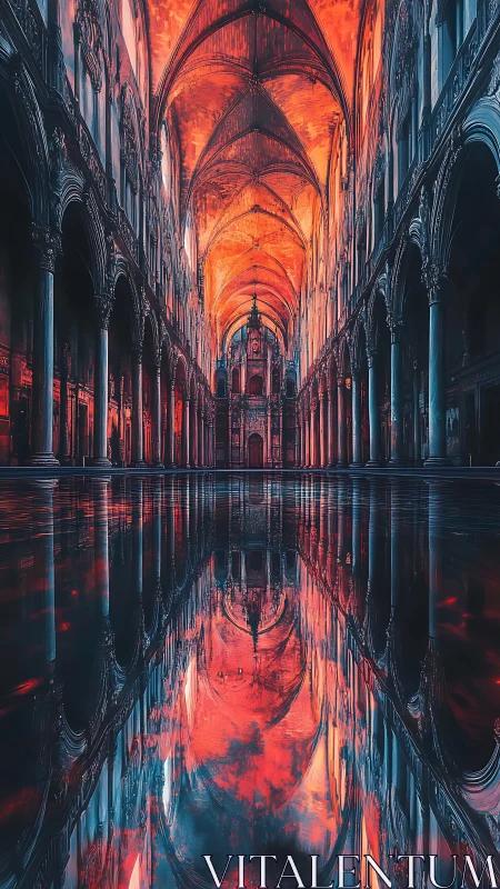 Gothic cathedral interior glows with fiery mirrored vaults.