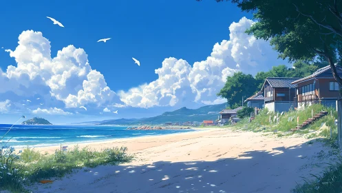 Quiet seaside village under towering summer clouds.