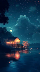 Lakeside cabin glows under dense starry night sky