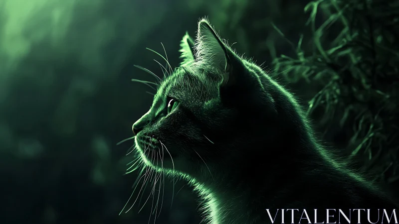 Luminescent Cat in Emerald Darkness with Glowing Eyes
