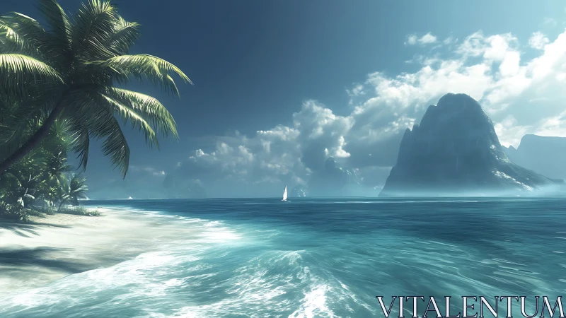 Coastal landscape with palm trees, white sand beach, and distant mountain formation.