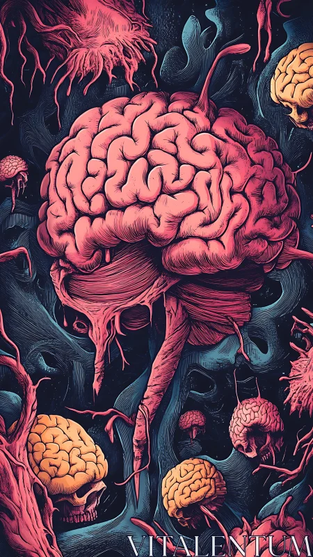 Neon cerebral garden of drifting brains in cosmic midnight.