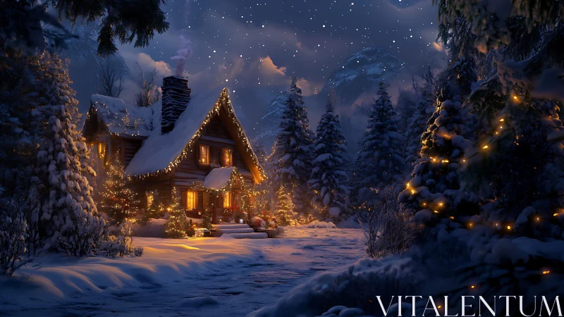 Snowy forest cabin glows with warm festive winter lights