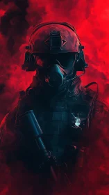 Tactical soldier silhouette in red smoke digital art.