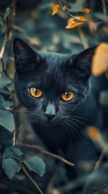 Black Cat with Striking Golden Eyes Among Autumn Leaves