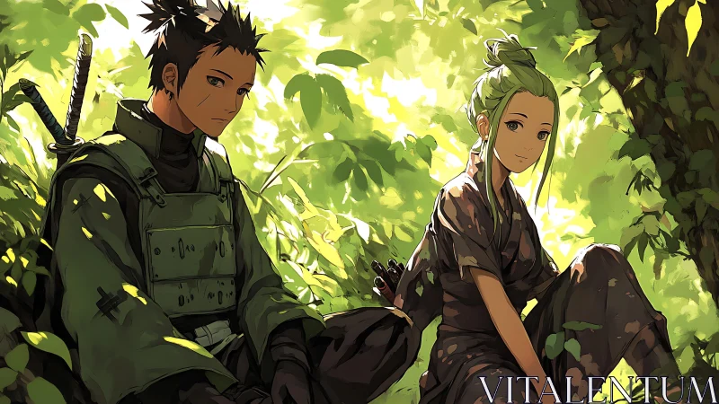 Quiet ninja companions share a gentle rest in forest light