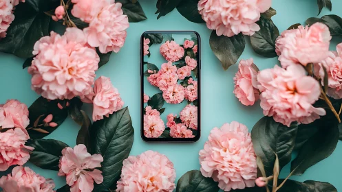 Smartphone displaying pink camellia flowers against turquoise background.