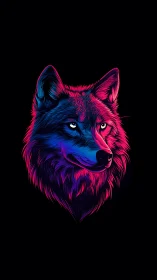 Neon blue and pink wolf head on black background.