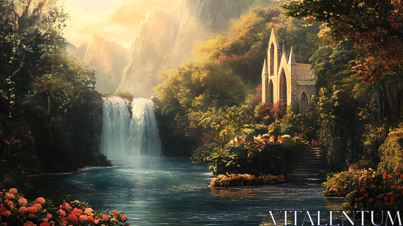 Sunlit riverside chapel nestles beside a tranquil waterfall