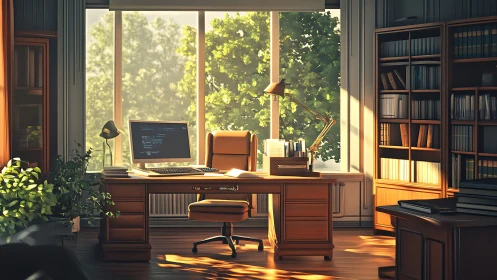Sunlit wood office with computer desk and library shelves.