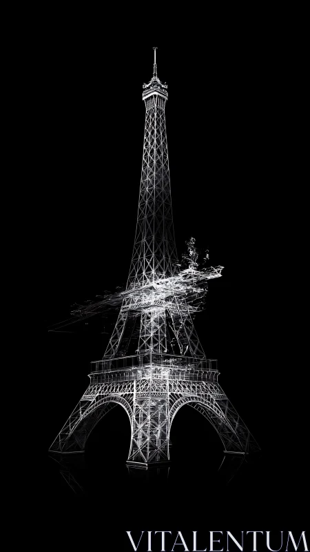 Wireframe Eiffel Tower structure rendered on black background