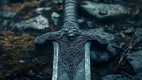 Ornate medieval sword with animal motif on wet ground.