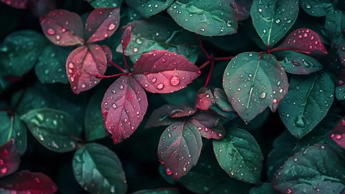 Rain-soaked red and green leaves under soft diffused light.
