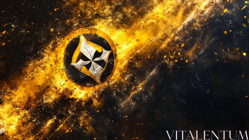 Abstract blazing star emblem with fiery cosmic background.