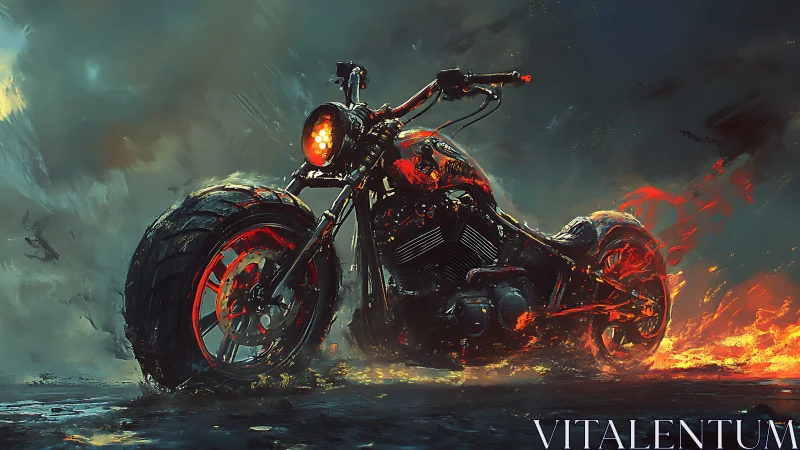 Flaming cyber bike roars through a storm-lashed wasteland.