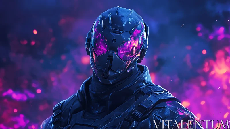 Plasma-eyed cyber soldier stands inside ultraviolet stormfire