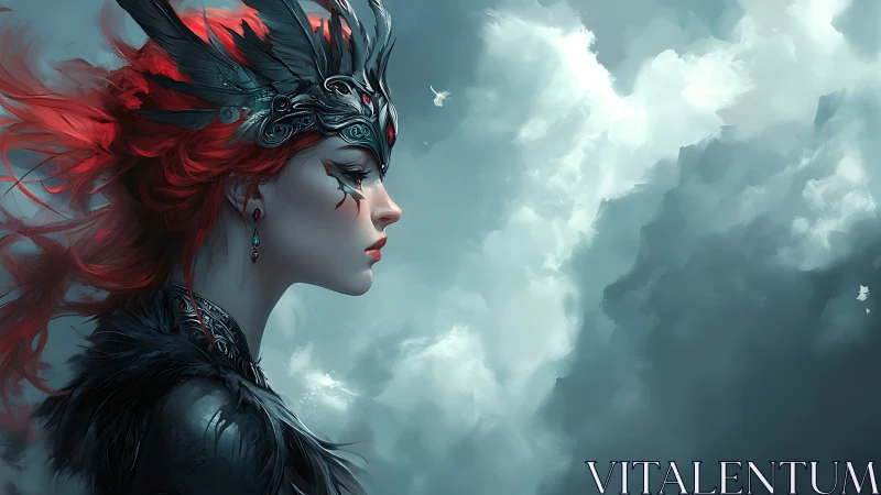 Red haired fantasy queen in feathered armor profile portrait.