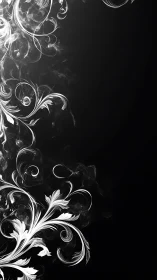Monochrome botanical scrollwork on deep noir negative space.