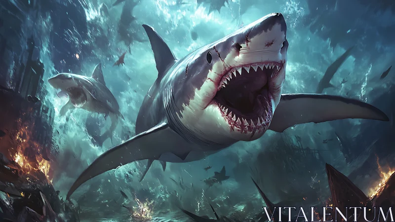Digital seascape depicts sharks swimming amid wreckage