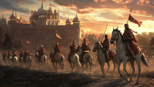 Sunlit cavalry procession before domed sandstone fortress walls