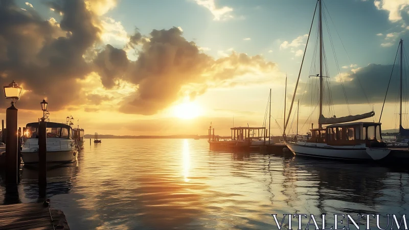 Docked boats on calm water under low sun at harbor.