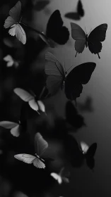 Silhouetted monochrome butterflies in soft gradient light.