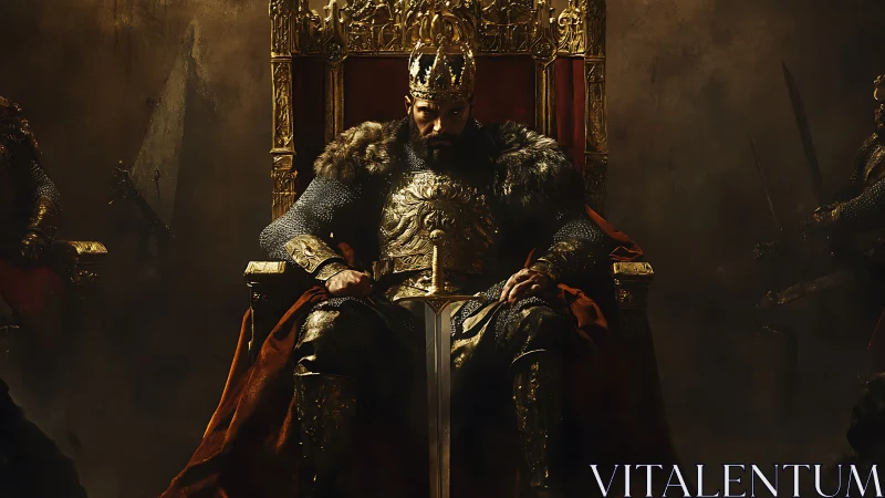 Armored monarch on gilded throne with dominant chiaroscuro composition.
