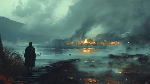 Lone wanderer observes burning lakeside village under smoke