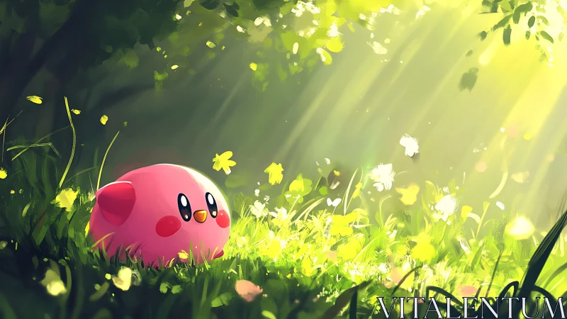 Pink round character resting in sunlit forest clearing.