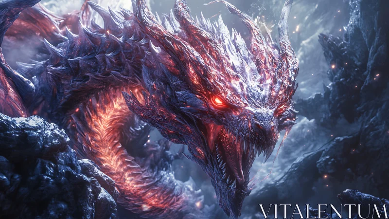 Crystalline fire dragon emerging in a stormy rocky abyss.