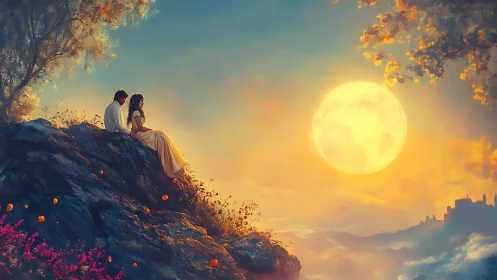Couple on Rocky Cliff Beneath Giant Golden Sun.