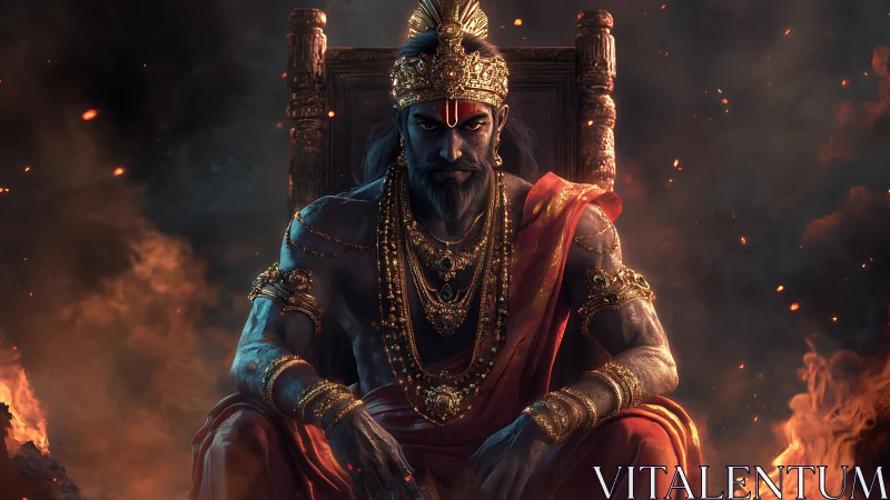 Imperious firelit demon king seated on ornate throne regally.