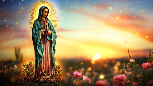 Radiant robed figure with halo over rose field at sunset.