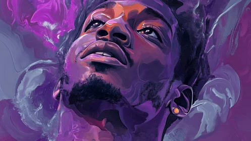 Vibrant purple portrait of upward gazing man in digital strokes.