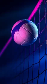 Neon volleyball moment glowing softly on the net at night.