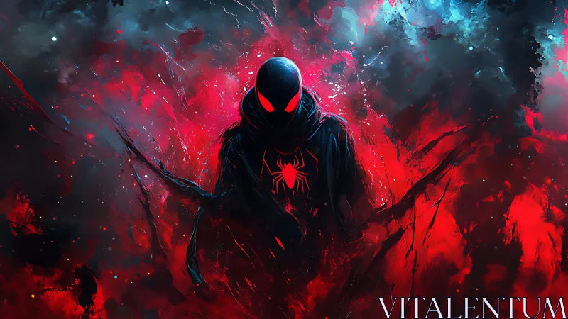 Hooded spider-suited figure emerges amid red and blue clouds