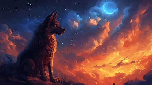 Lone wolf gazes at glowing crescent moon over firelit sky.