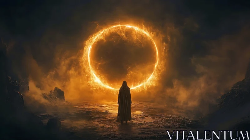 Cloaked figure before luminous fiery ring in dark landscape.