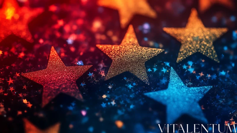 Bokeh-lit glitter stars in saturated red, orange, and blue field.