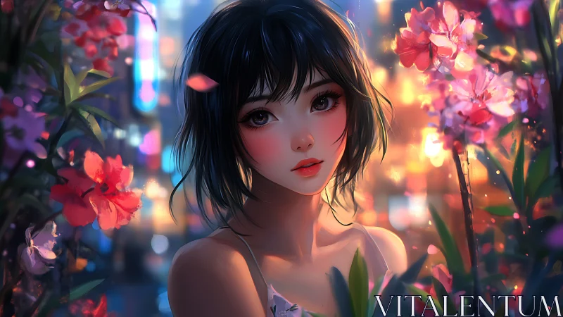 Digital portrait of young woman in neon city garden